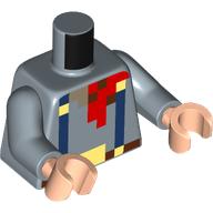 Lego Torso, Pixelated Red Handkerchief, Dark Blue Suspenders, Dark Brown Belt print, Sand Blue Arms, Light Nougat Hands / Sand Blue