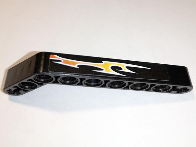 Lego Technic, Liftarm, Modified Bent Thick 1 x 9 (7 - 3) with Orange Flames Pattern Right Side B (Sticker) - Set 8167 / Black
