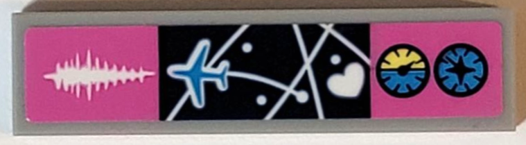 Lego Tile 1 x 4 with Dark Azure Airplane and White Heart on Dark Blue Radar Screen and Radio Waves and Gauges on Dark Pink Background Pattern (Sticker) - Set 41343