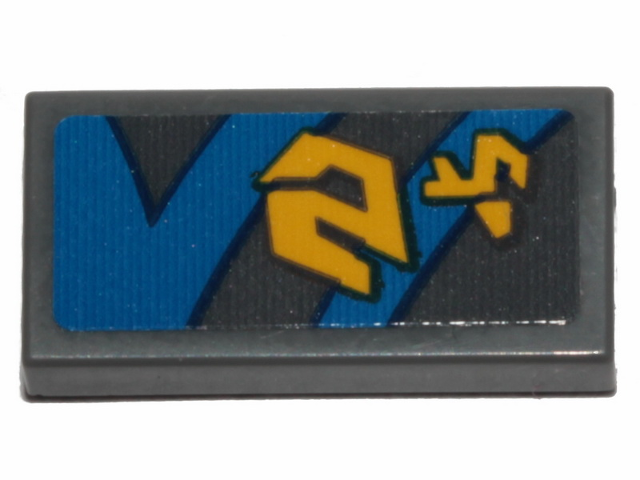 Lego Tile 1 x 2 with Yellow Markings and Blue Curved and Straight Lines with Black Outline on Dark Bluish Gray Background Pattern Model Left Side (Sticker) - Set 75258 / Dark Bluish Gray