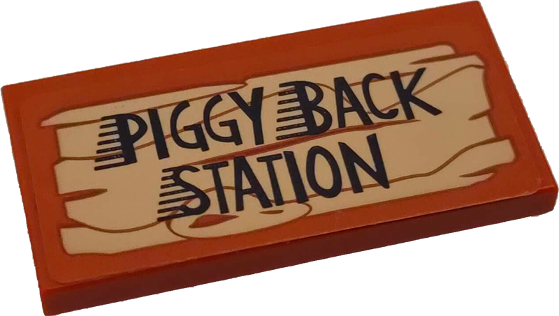 Lego Tile 2 x 4 with 'PIGGY BACK STATION' Pattern (Sticker) - Set 75824 / Dark Orange