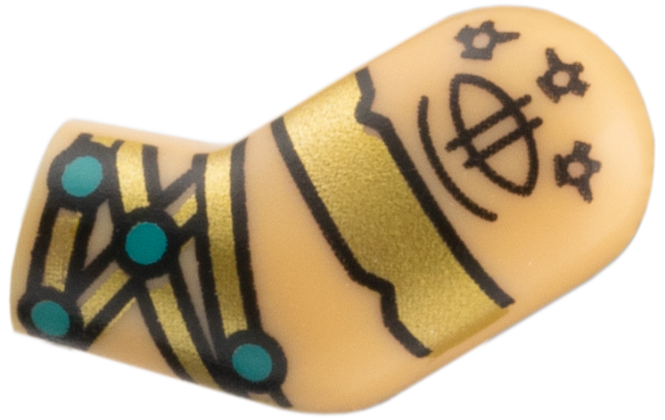 Lego Arm, Left with Black Tattoo, Gold Band and Bracelets, Dark Turquoise Circles Pattern / Warm Tan