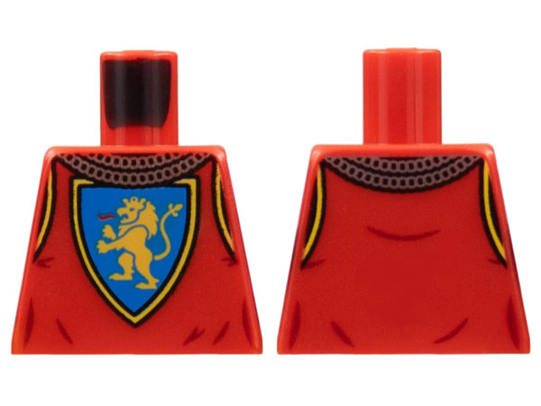 Lego Torso Castle Surcoat, Silver Chain Mail Collar, Yellow Lion with Raised Foot on Blue Shield Emblem Pattern / Red