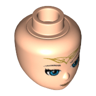 Lego Minidoll Head, Blue Eyes, Medium Nougat Lips, Closed Mouth and Golden Elven Tattoo Print / Light Nougat