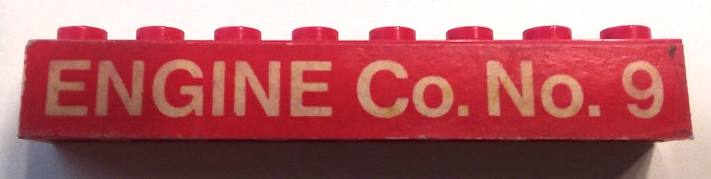 Lego Brick 1 x 8 with White 'ENGINE Co. No. 9' Pattern (Sticker) - Set 590 / Red
