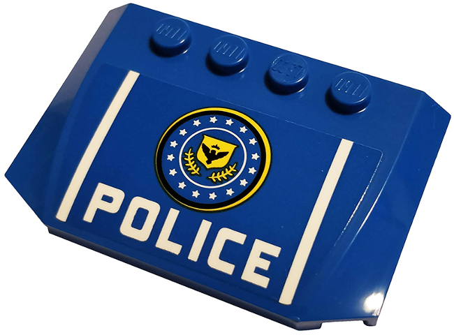 Lego Wedge 4 x 6 x 2/3 Triple Curved with Yellow and Blue Badge, Black Bird, White Stars, Stripes and 'POLICE' Pattern (Sticker) - Set 76120 / Blue