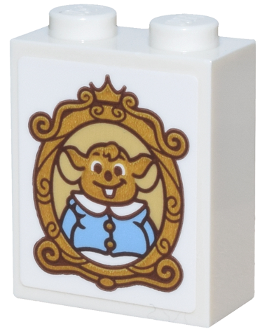 Lego Brick 1 x 2 x 2 with Inside Stud Holder with Portrait of Gold and Tan Mouse with Medium Blue and White Shirt in Ornate Oval Frame Pattern (Sticker) - Set 43275