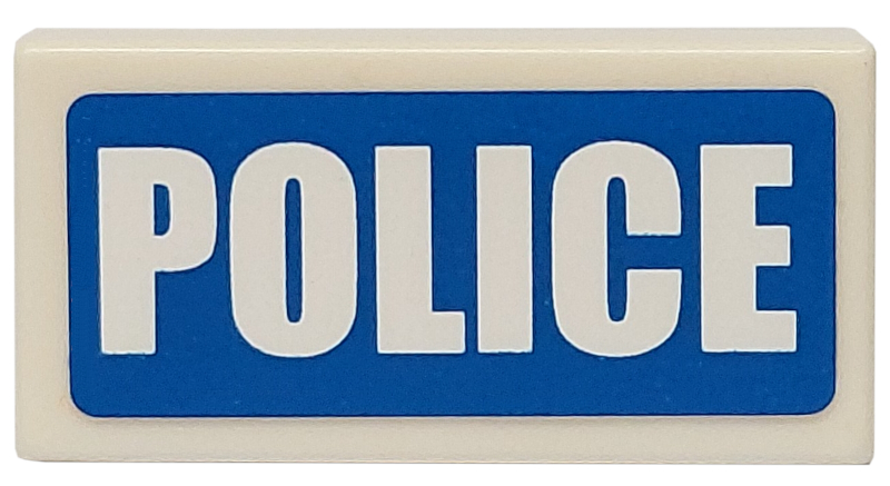 Lego Tile 1 x 2 with White 'POLICE' Thick Font on Blue Background Pattern (Sticker) - Sets 7235-2 / 7236-2 / 7744 / 60023 / White