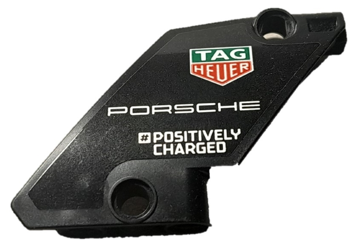 Lego Technic, Panel Curved #60 5 x 7 Tapered Right with White 'PORSCHE', '#POSITIVELY CHARGED' and Tag Heuer Logo Pattern (Sticker) - Set 42137 / Black