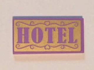 Lego Tile 2 x 4 with Medium Lavender 'HOTEL' on Gold Background Pattern (Sticker) - Set 41101