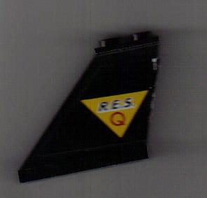 Lego Tail 4 x 1 x 3 with Black 'R.E.S.' and Red 'Q' on Yellow Triangle Pattern Model Left Side (Sticker) - Set 6451 / Black