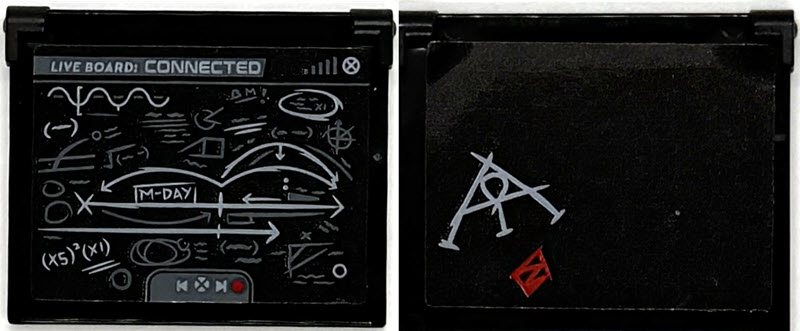 Lego Glass for Window 1 x 4 x 3 - Opening with 'LIVE BOARD: CONNECTED', White, Red and Dark Bluish Gray Schematic Drawings Pattern on Both Sides (Stickers) - Set 76294 / Black