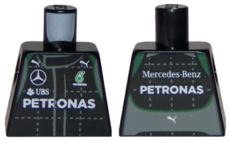 Lego Torso Racing Suit with Boss, Mercedes, Petronas, Puma and UBS Logos, Green Trim, Front and Back Pattern / Black