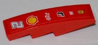 Lego Slope, Curved 4 x 1 with Number 2, Shell, Alice, Bridgestone, Fiat and Ferrari Logos Pattern (Sticker) - Set 8123 / Red