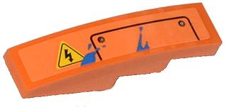 Lego Slope, Curved 4 x 1 with Electricity Danger Sign, Hatch and Blue Paint Spots Pattern Model Left Side (Sticker) - Set 70808