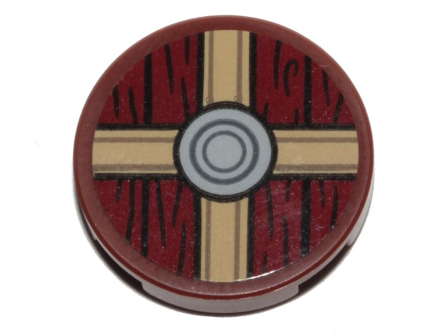 Lego Tile, Round 2 x 2 with Bottom Stud Holder with Viking Shield Tan / Dark Red Sections and Wood Grain Pattern (Sticker) - Set 76208
