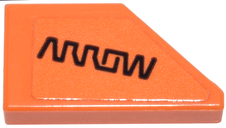 Lego Tile, Modified 1 x 2 Wedge Left with Black 'ARROW' Logo Pattern (Sticker) - Set 77251 / Orange