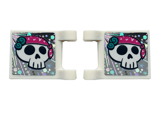 Lego Flag 2 x 2 Square with Flat Edge with Skull on Holographic Background Pattern on Both Sides (Stickers) - Set 41375 / White