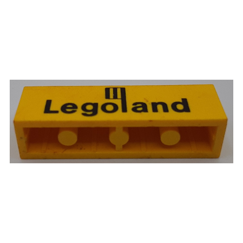 Lego Brick 1 x 4 with Bottom Tubes, Lowered Center Cross Support with Black 'Legoland' Logo Print / Yellow