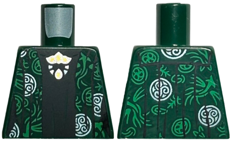 Lego Torso Robe with Silver and Bright Green Circles and Filigree over Black Dress with Silver, Gold, Metallic Light Blue and Yellow Brooch Pattern / Dark Green