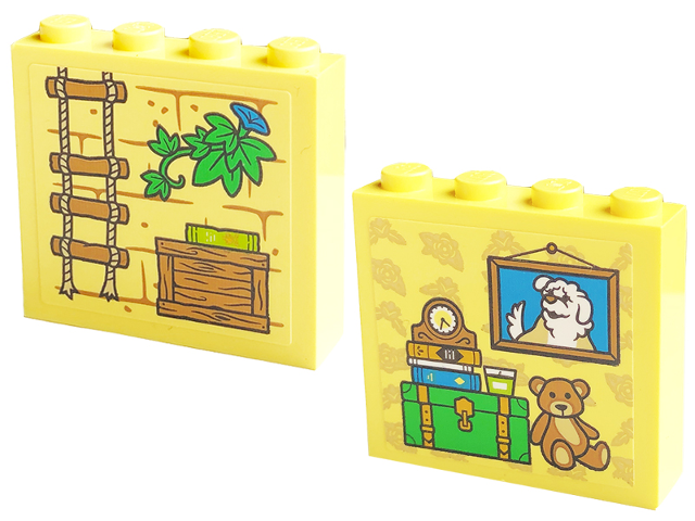 Lego Brick 1 x 4 x 3 with Rope Ladder, Plant Leaves with Flower, Crate, Teddy Bear, Picture, Books and Clock Pattern on Both Sides (Stickers) - Set 43220 / Bright Light Yellow