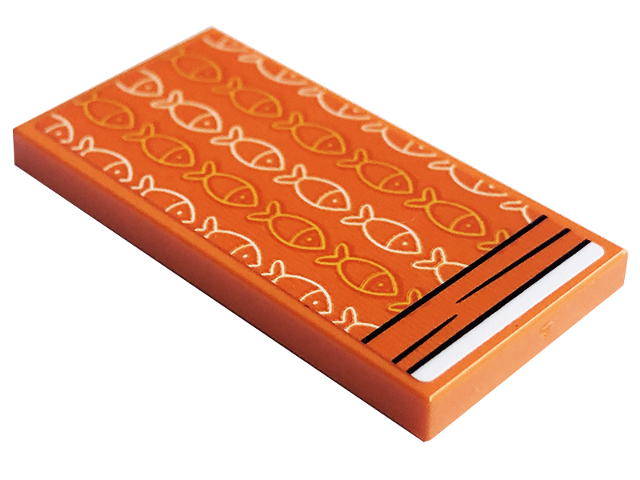 Lego Tile 2 x 4 with Blanket with White and Bright Light Orange Fish Pattern (Sticker) - Set 41754