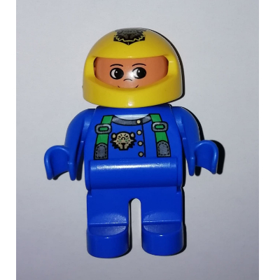 Lego Duplo Figure, Early, Helmet Yellow, Blue Legs, Blue Arms, Jacket with Green Straps Print