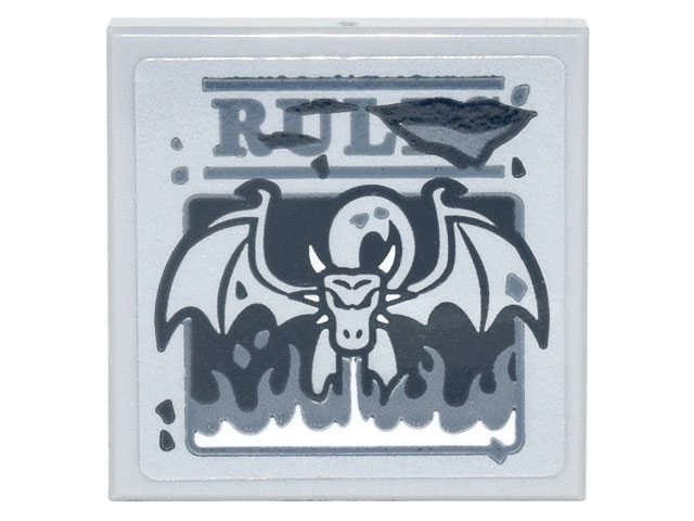 Lego Tile 2 x 2 with Dark Bluish Gray 'RUL' and Dragon Blowing Flames Pattern (Sticker) - Set 75810