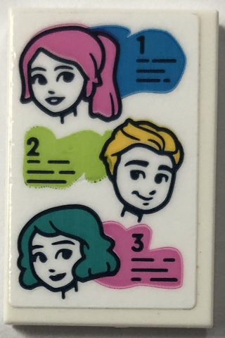Lego Tile 2 x 3 with Heads with Dark Pink, Bright Light Orange and Dark Turquoise Hairstyle Examples with Numbers 1, 2 and 3 Pattern (Sticker) - Set 41743