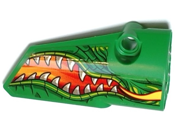 Lego Technic, Panel Fairing # 4 Small Smooth Long, Side B with Red and Yellow Flames, Lime and Dark Green Scales and Skin, and Dragon Mouth with Sharp Teeth Pattern (Sticker) - Set 42149