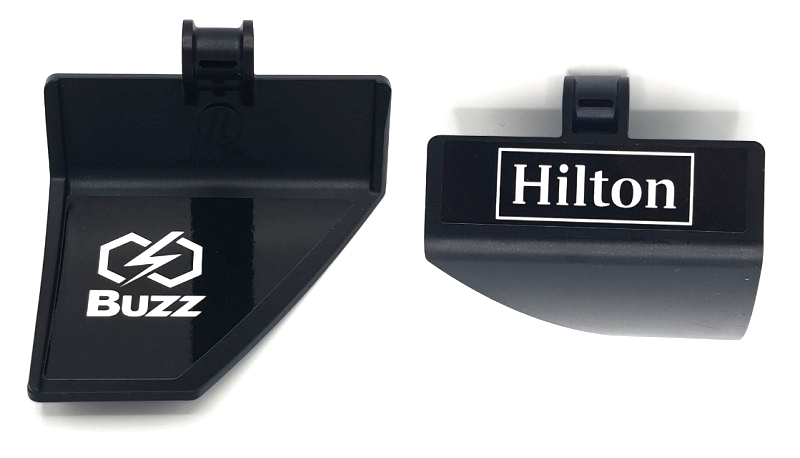 Lego Technic, Panel Curved #71 5 x 4 x 3 Tapered Left with White 'Hilton' on Outside and 'Buzz' on Inside Pattern (Stickers) - Set 42141 (First Version)