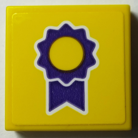 Lego Tile 2 x 2 with Dark Purple Award Ribbon with White Outline Pattern (Sticker) - Set 40385 / Yellow