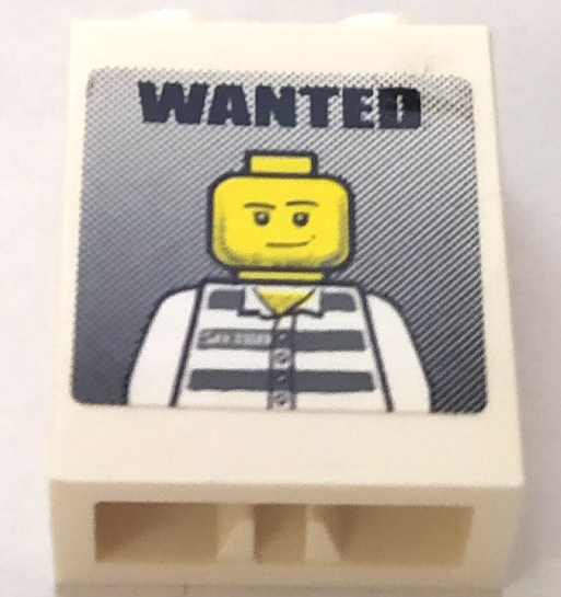 Lego Brick 1 x 2 x 2 with Inside Axle Holder with 'WANTED' and Jail Prisoner Minifigure Pattern (Sticker) - Set 7288 / White