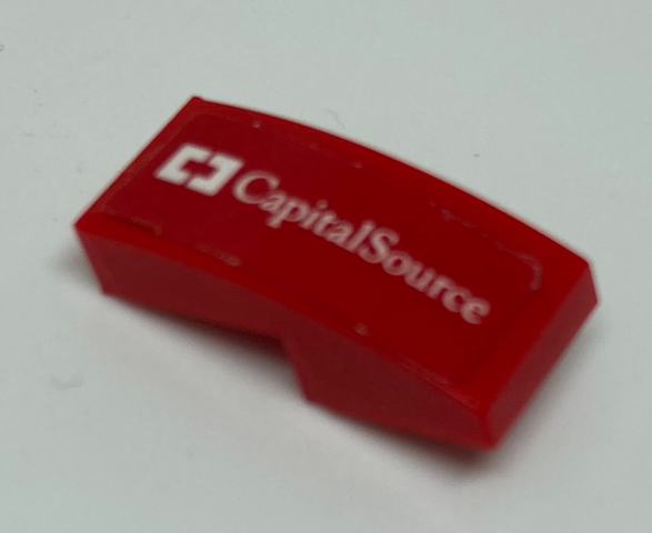 Lego Slope, Curved 2 x 1 x 2/3 with 'Capital Source' Pattern Model Left Side (Sticker) - Set 75886 / Red