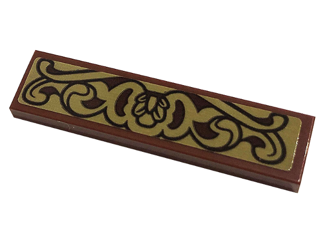 Lego Tile 1 x 4 with Dark Red and Dark Tan Scrollwork Pattern (Sticker) - Set 76382