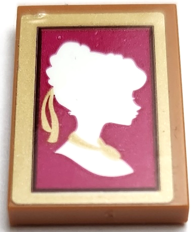 Lego Tile 2 x 3 with White Anna Silhouette on Magenta Background in Gold Frame Pattern (Sticker) - Set 41167 / Medium Nougat