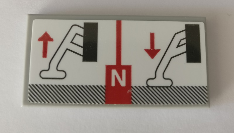 Lego Tile 2 x 4 with Capital Letter N, Red Up and Down Arrows, and Technic Crane Outriggers Movement on White Background Pattern (Sticker) - Set 42082 / Light Bluish Gray