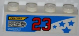Lego Brick 1 x 4 with 'ZENZORA', 'NUTY REZ', 'SPIN WEAR', Number '23' and Blue Stars Pattern Model Left Side (Sticker) - Set 8125 / White