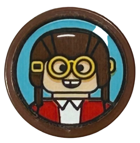 Lego Tile, Round 2 x 2 with Bottom Stud Holder with Girl Minifigure with Reddish Brown Hat, Goggles and Red Jacket Pattern (Sticker) - Set 43217