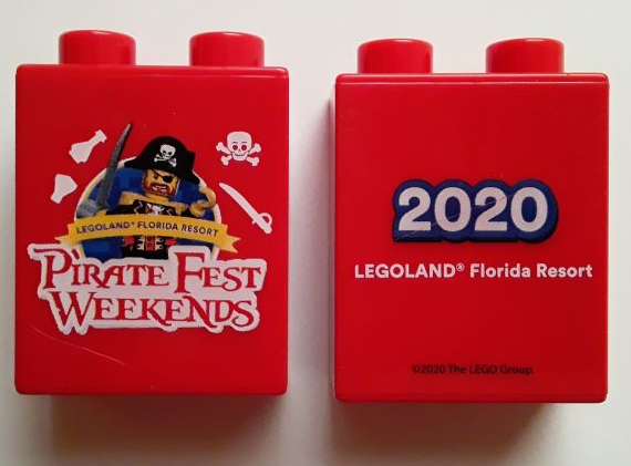 Lego Duplo, Brick 1 x 2 x 2 with LEGOLAND Florida Resort Pirate Fest Weekends 2020 Pattern / Red