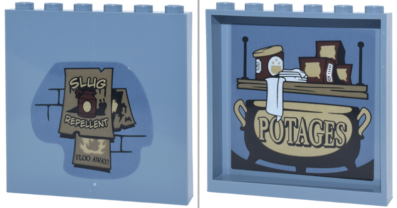 Lego Panel 1 x 6 x 5 with Brick Wall and Poster 'SLUG REPELLENT' on Outside and Dark Tan Shelf with Boxes and Towels, Black and Tan Cauldron 'POTAGES' on Inside Pattern (Stickers) - Set 76471 / Sand Blue