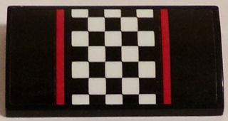 Lego Slope, Curved 2 x 4 x 2/3 with Bottom Tubes with Red Stripes and Black and White Checkered Pattern (Sticker) - Set 60084 / Black