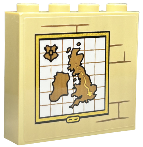 Lego Brick 1 x 4 x 3 with White Map with Medium Nougat UK, Hogwarts Symbol / Shield and Lines with Gold Frame and Mortar Pattern (Sticker) - Set 76423