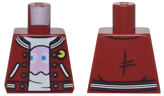 Lego Torso Jacket with White Trim and Pockets and Yellow PAC-MAN Pin over White Shirt with Bright Pink Ghost Pattern / Dark Red