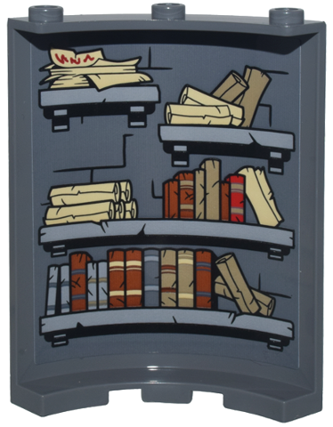 Lego Cylinder Quarter 4 x 4 x 6 with Brick Wall with Black Mortar, Light Bluish Gray Bookshelves, Scrolls and Books Pattern (Sticker) - Set 10333 / Dark Bluish Gray