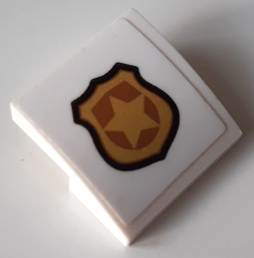 Lego Slope, Curved 2 x 2 x 2/3 with Gold and Copper Police Badge Pattern (Sticker) - Set 60143 / White
