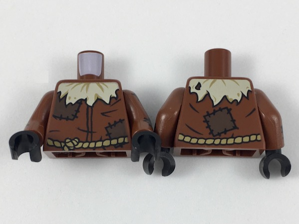 Lego Torso Worn Shirt with Tan Straw at Neck and Dark Brown Patches, Dark Tan Rope Belt / Reddish Brown Arms with Dark Brown Patches Pattern / Black Hands