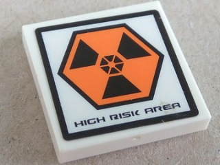 Lego Tile 2 x 2 with 'HIGH RISK AREA' Pattern (Sticker) - Set 7644 / White
