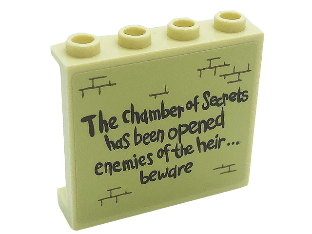 Lego Panel 1 x 4 x 3 with Side Supports - Hollow Studs with 'The chamber of Secrets has been opened enemies of the heir... beware' and Bricks Pattern (Sticker) - Set 71043