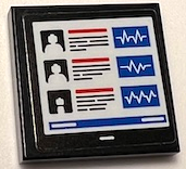 Lego Tile 2 x 2 with White and Blue Screen with 3 Patient Profiles, Red and Black Lines, and Heart Beat Lines Pattern (Sticker) - Set 60204